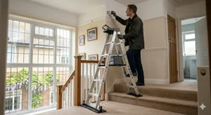 A multi-purpose combination ladder safely configured for use on a domestic staircase for interior painting and decorating.