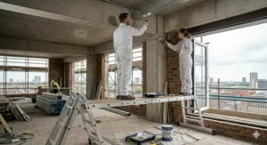 A combination ladder set up in a trestle and work platform configuration for professional indoor painting and decorating.