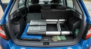 A retracted telescopic ladder stored neatly in the boot of a small hatchback car, demonstrating its space-saving design.