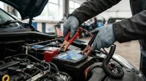 Close-up photograph of a mechanic's gloved hands attaching the red positive and black negative clamps of a car battery tester to the battery terminals under the bonnet of a vehicle, ensuring a secure connection for testing.
