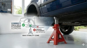 Diagram highlighting the correct placement of an axle stand under a car's reinforced pinch weld or jacking point to ensure maximum stability and safety when working underneath.