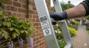 Close-up of the EN131 professional safety rating label and BS EN 131 certification on an aluminium combination ladder.