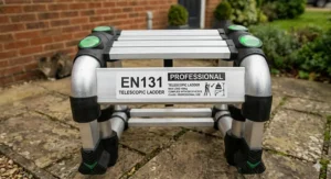 A clear illustration of the EN131-6 safety label on a ladder frame, indicating a 150kg maximum load capacity.