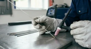 Proper hand positioning for feeding a 1.6mm stainless steel filler rod into a weld pool while wearing protective white leather gauntlets.
