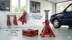 A set of space-saving folding axle stands being mounted on a garage wall, showing how this design helps UK car enthusiasts save valuable floor space when not in use.