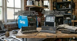 Comparison of weld bead quality on mild steel using flux-cored wire from a Clarke gasless welder and a SIP dual-purpose machine.