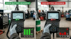 A comparison chart graphic in a photorealistic style, showing side-by-side examples of Good, Recharge, and Replace indicators on a professional car battery analyser in a UK garage setting, distinguishing test outcomes.