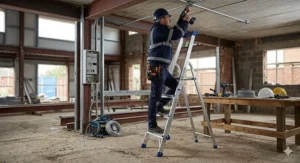 A British tradesperson using a heavy-duty aluminium step ladder on a professional construction site.