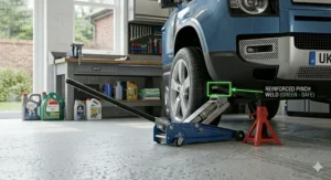 A professional hero shot of a heavy-duty trolley jack positioned under a 4x4 vehicle in a well-equipped UK garage.