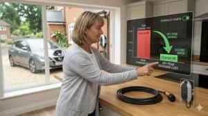 An infographic overlay in a modern kitchen showing the financial savings of using a smart home EV charger to access cheap off-peak electricity tariffs.