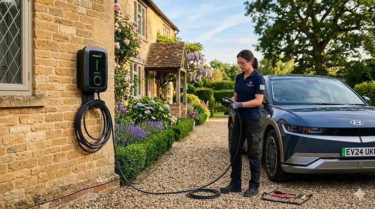 A qualified female electrician in professional workwear completing a home EV charger installation on a Cotswold stone house, with a blue electric vehicle parked on a gravel driveway. home EV charger
