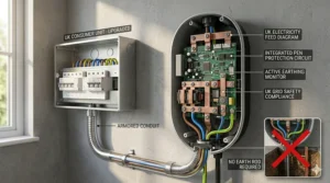 A technical diagram of a home EV charger's internal circuitry, highlighting the integrated PEN fault protection which removes the need for a traditional earth rod.
