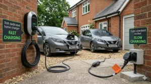 A side-by-side visual comparison on a UK driveway showing a fast 7kW home EV charger versus a slow 3-pin domestic plug socket charging an electric vehicle.