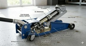 A detailed cross-section diagram showing the internal hydraulic cylinder and valves of a garage trolley jack.