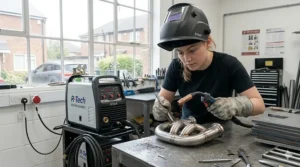 A high-specification industrial MIG welder being used for precision fabrication on heavy-duty steel components in a British workshop.