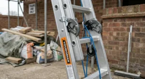 Close-up detail of the heavy-duty locking hooks and blue rope pulley system on a Youngman triple extension ladder at a British building site.