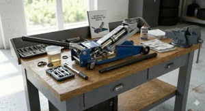 A trolley jack undergoing maintenance on a wooden workbench with tools and a service manual in a UK workshop.