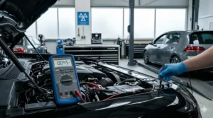A technician performing a parasitic drain test on a Land Rover battery using a multimeter and shunt resistor to find electrical leaks.