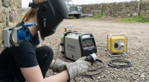 A welder connecting a MIG welding machine to a standard UK 230V mains power supply socket in a domestic garage.