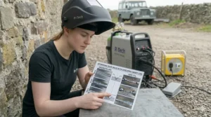 A welder reviewing a technical guide on shielding gases while wearing a British Standards compliant auto-darkening welding helmet.