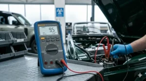 Measuring the dwell angle and engine speed on a classic British sports car using a diagnostic automotive multimeter.