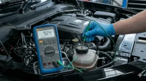 An automotive multimeter with a type-K thermocouple probe measuring engine coolant temperature in Celsius.