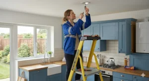 A yellow non-conductive fibreglass step ladder used for changing a ceiling downlight in a kitchen.