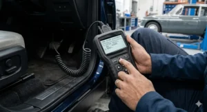 A handheld OBD2 scanner connected to a Land Rover Discovery, displaying system selection for ABS and airbags.
