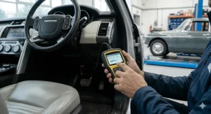 Using a portable OBD2 scanner to check vehicle system readiness and error codes ahead of a UK MOT test.