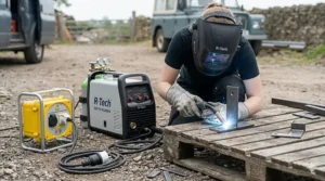 A compact and portable inverter MIG welder being used for outdoor site repairs near a van in the UK countryside.
