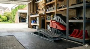 A variety of car ramps neatly organised and stacked for storage inside a typical British single-car garage with tools in the background.