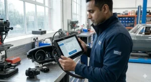 A professional mechanic in a blue garage services uniform using a large diagnostic tablet to analyse engine sensor data.