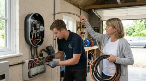 A close-up of a professional installation where a UK electrician is wiring a home EV charger and connecting it to a domestic consumer unit inside a garage.