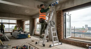 A heavy-duty trade combination ladder used by an electrician in high-visibility gear on a UK construction site.