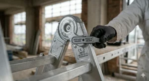 Detail shot of the secure auto-locking hinges and press to unlock mechanism on a professional aluminium combination ladder.