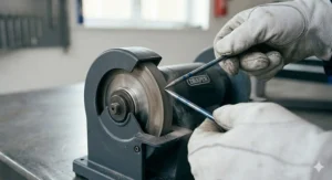 A beginner sharpening a tungsten electrode on a bench grinder to create a precise conical point for TIG arc stability.