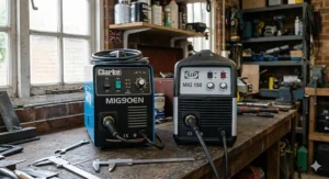 Close-up of the adjustment dials and power switches on Clarke and SIP machines, highlighting the ease of use for British DIY welders.