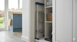 A slimline folding step ladder stored flat in a narrow gap between a wardrobe and shelving unit.