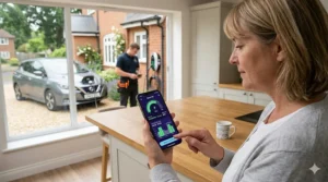 A British homeowner using a smart EV charging mobile app in her kitchen to monitor off-peak energy usage, with her electric car and charger visible through the window.