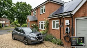 A photorealistic house exterior featuring rooftop solar panels connected to a home EV charger, showing the flow of green energy from the sun to a charging electric car.