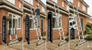 A side-by-side graphic comparing different extended lengths of telescopic ladders against a standard UK garage door.