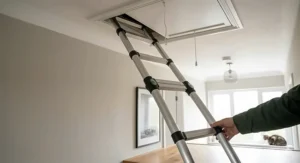 A lightweight telescopic ladder being used for loft access inside a modern British landing area.