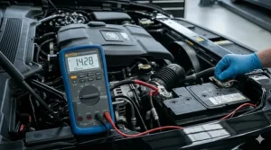 Monitoring alternator charging voltage output with a professional automotive multimeter while the vehicle engine is idling.