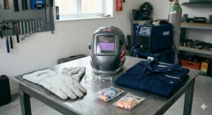 Essential TIG welding safety equipment including a Union Jack helmet, Worksafe UK branded overalls, leather gauntlets, and ear protection.