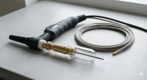 Detailed anatomy of a TIG welding torch showing the collet, ceramic cup, and sharpened tungsten electrode for beginner reference.