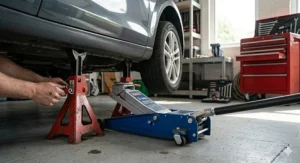 A blue trolley jack used alongside a red steel axle stand to safely support a car for home maintenance.