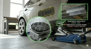 A close-up of a trolley jack saddle featuring a thick rubber pad to protect a vehicle's sills from damage.