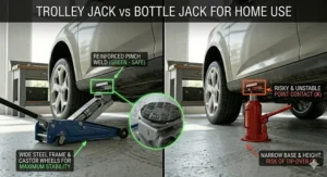 A side-by-side comparison showing the stability of a wide-frame trolley jack versus a narrow bottle jack.