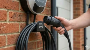 A detailed close-up of a Type 2 charging gun, the standard connector for home EV chargers in the UK, being held next to a wall-mounted unit.