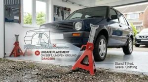 Safety illustration warning against using axle stands on soft, uneven ground or loose gravel, clearly marking unsafe placement areas that could lead to vehicle instability and danger.